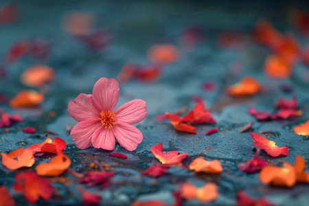 A single pink flower lies on a textured surface, surrounded by scattered orange and red petals, creating a serene and artistic scene.の素材