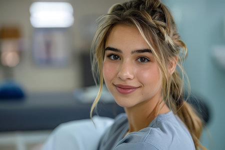 Smiling young woman with braided hair, wearing a light blue shirt, standing in a well-lit indoor setting.の素材