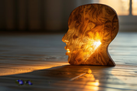 A wooden silhouette of a human face is beautifully illuminated by sunlight, casting a warm glow and shadows on the floor.の素材