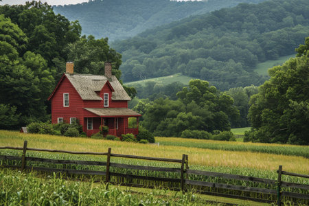 A picturesque red farmhouse sits amidst green fields and rolling hills, surrounded by dense forests, under a partly cloudy sky.の素材