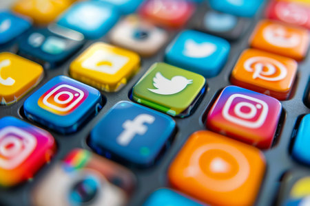 Close-up of colorful and vibrant social media app icons including Twitter, Instagram, Facebook, and Pinterest, representing digital communication.の素材