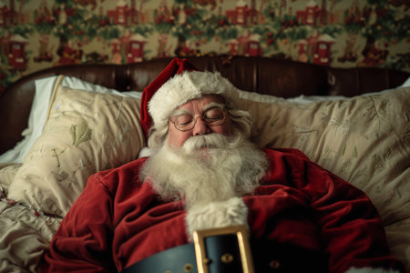 Santa Claus peacefully sleeping in a festive bed, with holiday-themed bedding and background, capturing a cozy Christmas Eve moment.の素材