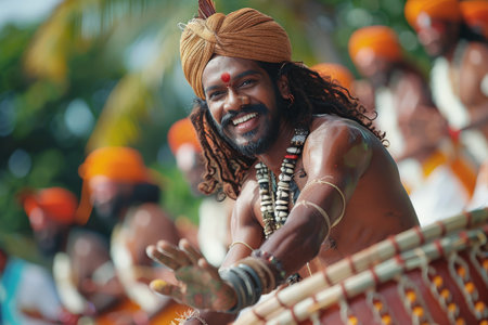 A joyful musician with a turban and beads playing a traditional drum at a vibrant cultural festival, surrounded by colorful people.の素材