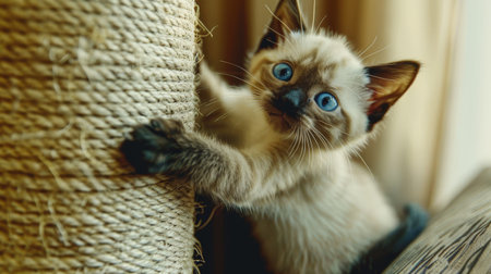 A cute kitten with striking blue eyes climbs a scratching post, displaying playful curiosity and charm in a cozy indoor setting.の素材
