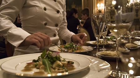 Close-up of a chef in a white uniform serving a beautifully plated gourmet dish in an upscale restaurant setting.の素材