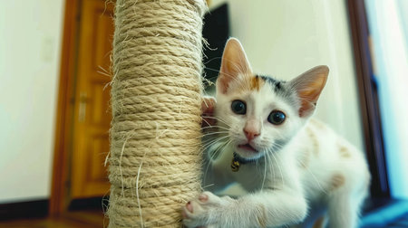 A curious kitten with wide eyes explores a scratching post indoors, showing playful and inquisitive behavior in a home setting.の素材