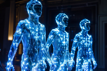 Three futuristic cybernetic humans with glowing blue neural networks, representing advanced technology and interconnected digital systems.の素材