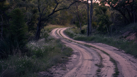 A winding dirt road meanders through a tranquil forest, surrounded by wildflowers and dense foliage in soft evening light.の素材