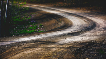 A winding dirt road curves through a dense forest area, with shadows and light creating a dramatic natural scene.の素材