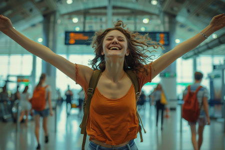 Joyful young woman with arms outstretched, wearing a backpack and orange shirt, celebrating at a busy airport terminal.の素材