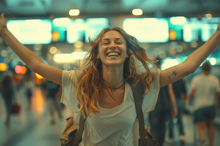 Smiling young woman with a backpack and tattoo, arms outstretched, celebrating at a bustling airport terminal.の素材