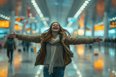Ecstatic young woman in a winter coat with arms wide open, celebrating at a lively airport terminal.の素材