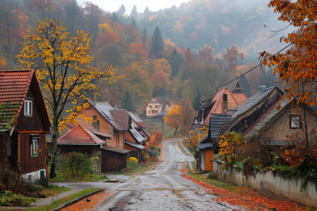 Charming village street lined with colorful houses and autumn foliage, set against a misty forest backdrop, showcasing fall beauty.の素材