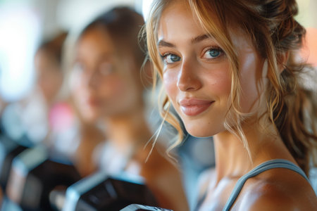 A smiling woman lifting weights in a gym, with a focused look and determination, surrounded by other fitness enthusiasts.の素材