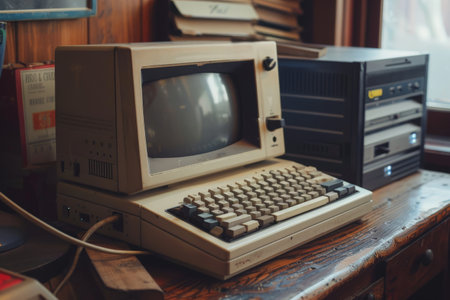A vintage computer with a CRT monitor and keyboard sitting on a wooden desk, surrounded by old books and equipment.の素材