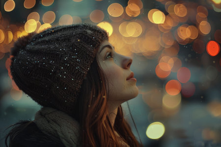 A young woman wearing a winter hat looks upwards, with warm bokeh lights creating a festive and dreamy background.の素材