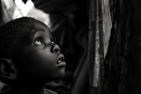Close-up black and white portrait of a young boy looking up with curiosity.の素材