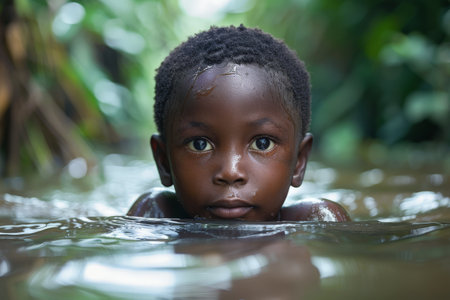 Close-up portrait of a young boy swimming in natural water, with intense gaze and lush greenery in the background.の素材