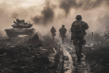 Soldiers and a tank advance through a smoky, muddy war zone, highlighting the harsh realities of military combat and battlefield conditions.の素材