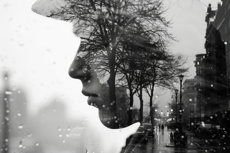 Black and white double exposure of a woman's profile with a city street and trees.の素材