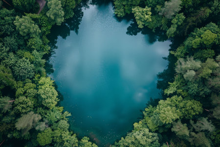 Aerial view of a tranquil forest lake surrounded by lush green trees, reflecting the peaceful natural landscape.の素材