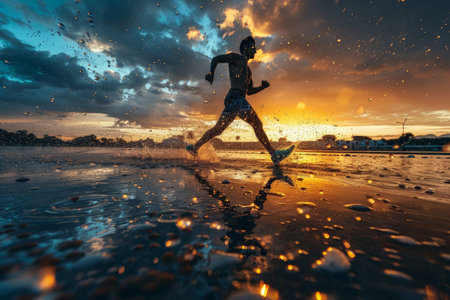 Silhouette of a runner splashing through water during sunset, with dramatic skies and reflections capturing the essence of motion and freedom.の素材