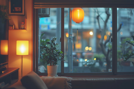 Warmly lit living room with a glowing lamp, indoor plant, and a large window overlooking the softly illuminated evening cityscape.の素材