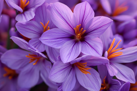 Detailed close-up of vibrant purple crocus flowers with orange stamens, showcasing their intricate petals and natural beauty.の素材