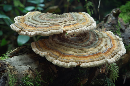 Detailed view of vibrant bracket fungi growing on a log, showcasing intricate patterns and natural forest surroundings.の素材