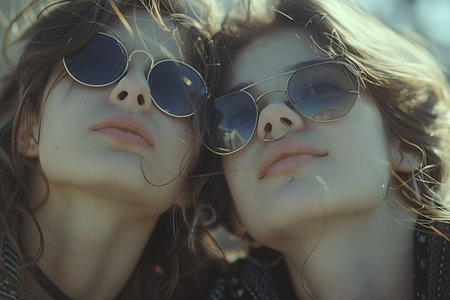 Artistic close-up of two young women wearing sunglasses and facial piercings, with hair blowing in the wind and a reflective sky in the background.の素材