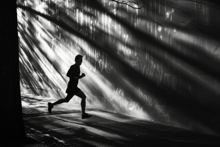 Silhouette of a jogger running through dramatic sunlit shadows cast on a city street, creating a dynamic and energetic scene.の素材