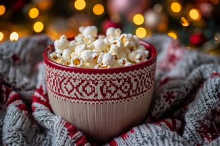 A festive bowl of popcorn in a holiday-themed setting, surrounded by cozy blankets and glowing Christmas lights.の素材
