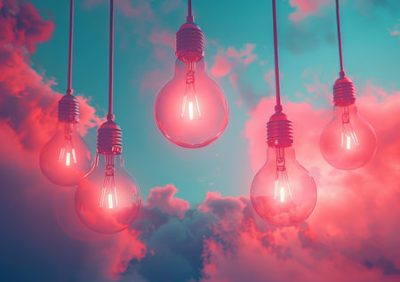 Five illuminated red light bulbs hanging against a vibrant pink sky with clouds, creating a surreal and artistic atmosphere.の素材