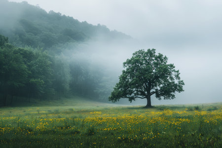 A tranquil scene featuring a solitary tree in a misty meadow dotted with yellow wildflowers, backed by a forest shrouded in fog.の素材