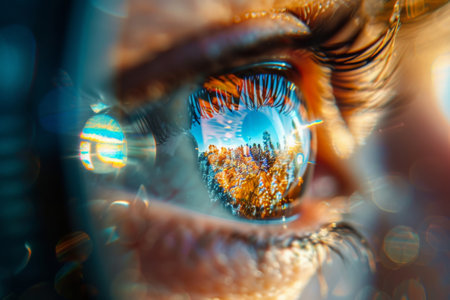 A macro shot of an eye reflecting a colorful landscape, showcasing vibrant details and natural beauty with striking clarity.の素材