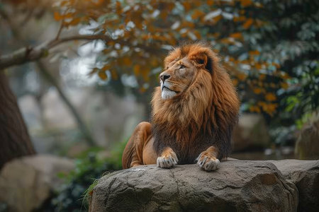 A majestic lion with a full mane rests on a large rock in a forested area, exuding regal presence and power.の素材