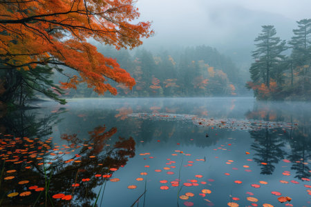 Vibrant autumn leaves and trees reflect on a calm, misty lake, creating a serene and picturesque natural scene.の素材