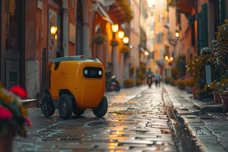 A yellow autonomous delivery robot navigates a picturesque cobblestone street, surrounded by charming buildings and warm evening lights.の素材