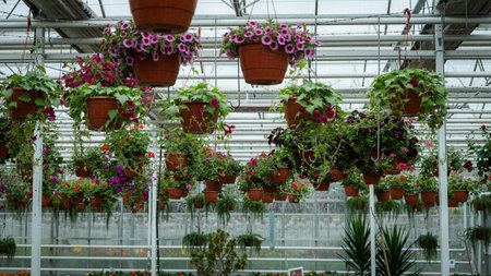 A greenhouse nursery filled with vibrant hanging flower baskets, showcasing a variety of colorful...