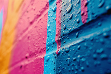 Close-up of a vibrant, multi-colored wall with water droplets, showcasing an abstract and textured visual effect.の素材