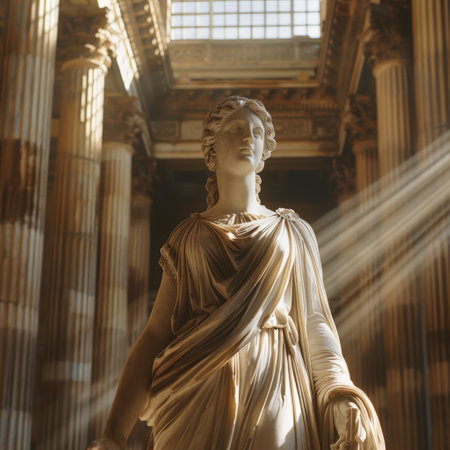 Sunlight streams through a grand hall, illuminating a classical marble statue with elegant drapery and intricate architectural details.の素材
