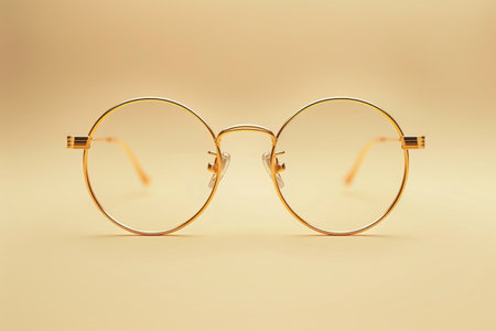 A pair of round gold eyeglasses featuring a vintage design, elegantly presented against a soft beige background for a classic look.の素材