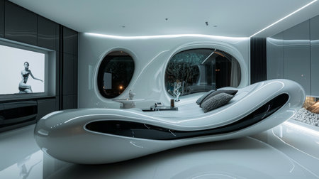 A modern, futuristic bedroom featuring sleek, curved furniture and ambient lighting, creating an elegant and high-tech atmosphere.の素材