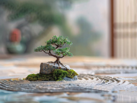 A close-up of a miniature bonsai tree placed on a rock with moss, surrounded by raked sand patterns in a tranquil Zen garden setting.の素材