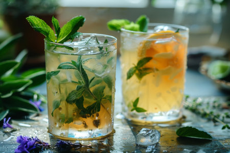 Two glasses of refreshing herbal iced tea garnished with mint leaves and citrus, served with ice cubes on a summer day.の素材