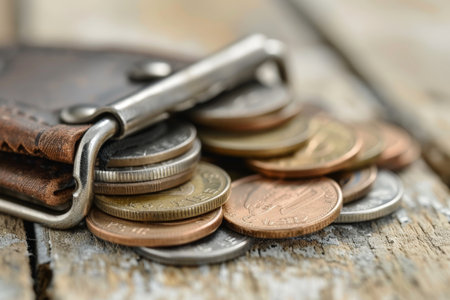 Close-up of an old leather wallet spilling various coins onto a rustic wooden table, symbolizing savings and financial management.の素材