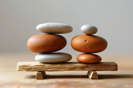 A serene arrangement of smooth, balanced stones in various sizes and colors, stacked on a wooden plank, symbolizing harmony and stability.の素材