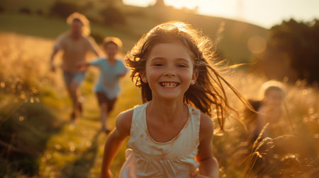 Smiling children running through a golden field at sunset, enjoying the warmth and freedom of a summer evening.の素材