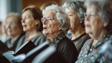 A group of elderly women passionately singing during choir practice, holding songbooks and focused on their performance.の素材