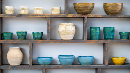 A variety of colorful ceramic pots and bowls are neatly arranged on rustic wooden shelves, showcasing their unique glazes and designs.の写真素材
